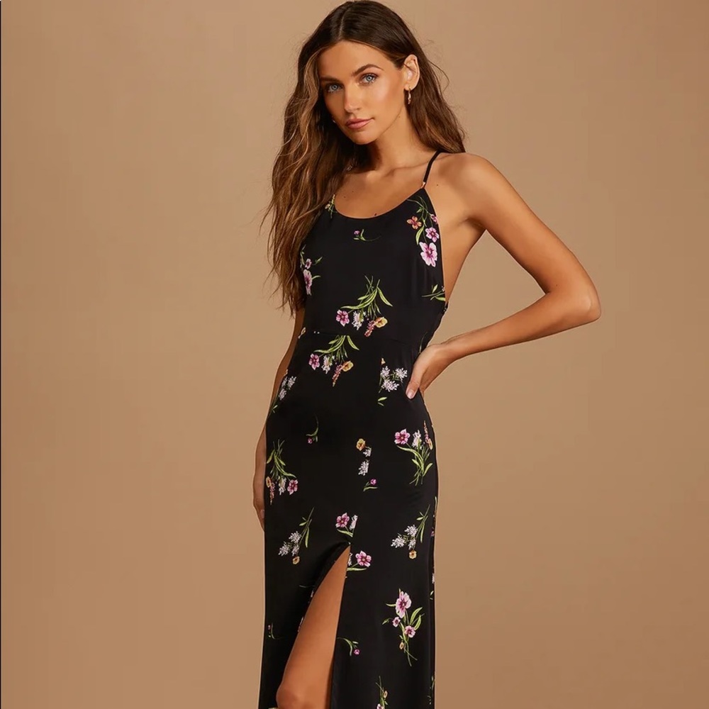 Blooming Vision Black Floral Satin Maxi Dress